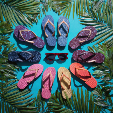 A stylish arrangement of vibrant flip flops and sunglasses surrounded by lush palm leaves captures the essence of summer fun and vacation bliss. Perfect for beach-themed projects.の素材