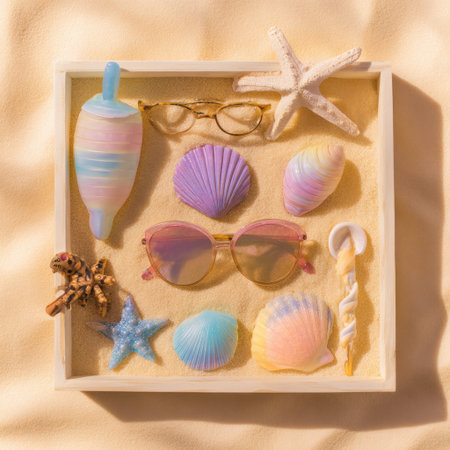 A beautifully arranged collection of colorful beach-themed accessories and seashells in a decorative box over sand, perfect for summer aesthetics and vacation inspiration.の素材