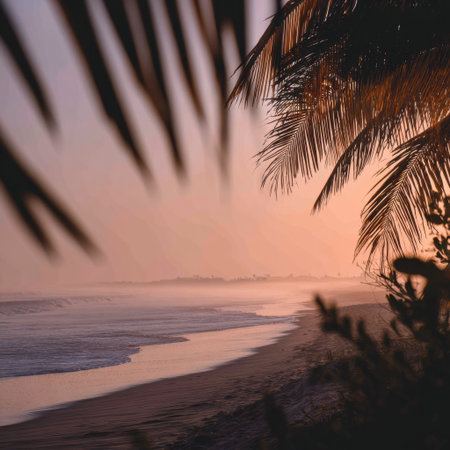 A stunning view of a beach at sunrise featuring gently rolling waves, silhouetted palm leaves, and a serene atmosphere perfect for relaxation and enjoying natureの素材