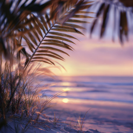 A serene beach scene featuring a stunning sunset with silhouetted palm leaves and gentle waves, creating a perfect atmosphere for relaxation and escape into nature.の素材