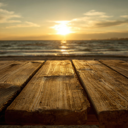 A stunning sunset illuminates the horizon with golden hues, casting reflections on calm ocean waves. Rustic wooden planks in the foreground enhance the serene atmosphere, perfect for relaxation.の素材