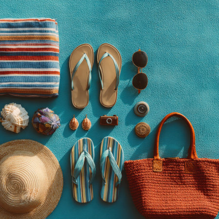 A vibrant flat lay arrangement featuring summer accessories on a bright background, perfect for capturing the spirit of beach vacations and carefree days under the sun.の素材