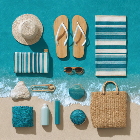A collection of stylish beach essentials including sandals, a hat, and a towel arranged beautifully for a summer vibe, perfect for any beach getaway or lifestyle theme.の素材