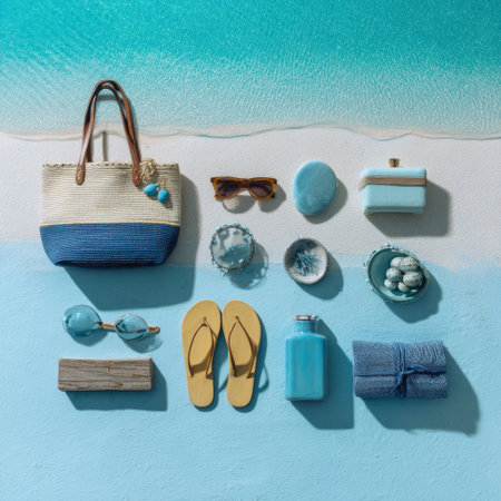 An inviting arrangement of stylish beach accessories against a sandy background, capturing the essence of summer leisure and coastal beauty with vibrant colors and serene imagery.の素材