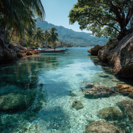 Enjoy the tranquil beauty of a tropical beach landscape featuring clear waters, lush greenery, and a serene atmosphere perfect for relaxation and exploration.の素材