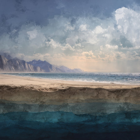 Experience the captivating beauty of a tranquil beach landscape where gentle waves meet stunning blue waters and majestic mountains rise under a dramatic, cloud-filled sky.の素材