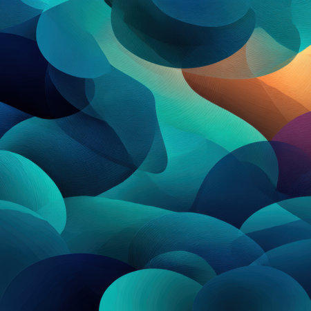 This vibrant abstract background features dynamic curves and soft shapes in blue and turquoise colors, creating a sense of motion, depth, and modern elegance for various design projects.の素材