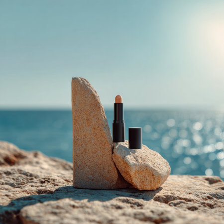 A stylish display of lipstick on a textured stone, showcasing the beauty of nature and makeup, with a serene ocean backdrop that highlights simplicity and elegance.の素材
