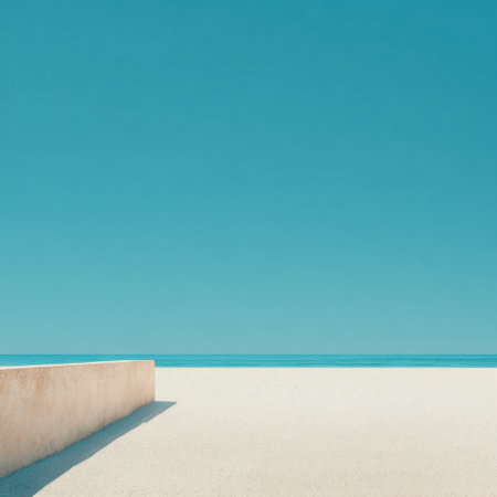 A serene beachfront landscape featuring fine sand and tranquil waters, perfect for relaxation and escape. Ideal for travel, wellness, and nature themes.の素材