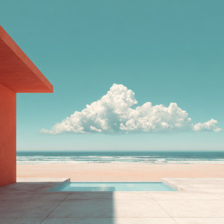 A stunning view featuring modern architecture by the ocean, with a tranquil swimming pool set against a backdrop of soft clouds and a bright blue sky, ideal for peaceful retreats.の素材