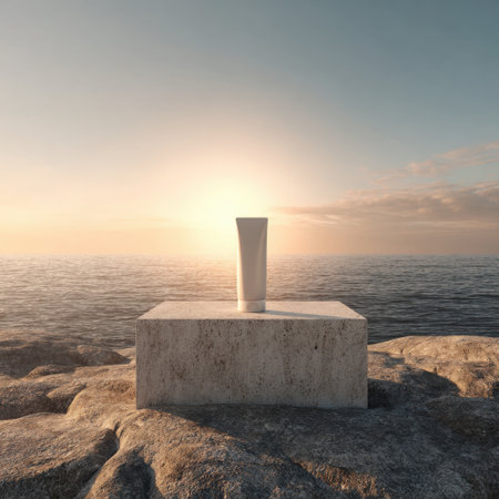 A minimalist scene featuring a sleek bottle on a stone platform by the ocean, captured at sunrise, highlighting the beauty of simplicity against a tranquil natural backdrop.の素材
