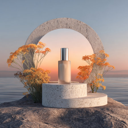A stylish perfume bottle sits on a circular pedestal, framed by vibrant flowers under a soft sunset sky, perfect for showcasing beauty and serene elegance in advertising.の素材