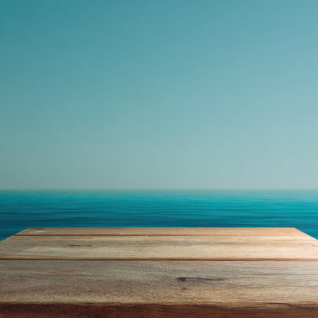 A serene seascape featuring a wooden plank extending over tranquil water, enhancing a feeling of peace and relaxation, ideal for nature enthusiasts and travel lovers.の素材