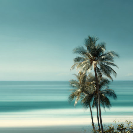 A serene tropical landscape featuring palm trees swaying gently by the ocean. This peaceful scene evokes relaxation and tranquility, perfect for vacation inspiration.の素材