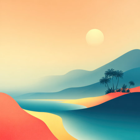 Explore a tranquil landscape featuring a vibrant sunset with abstract hills, silhouetted palm trees, and a gentle river, perfect for evoking serenity and warmth.の素材
