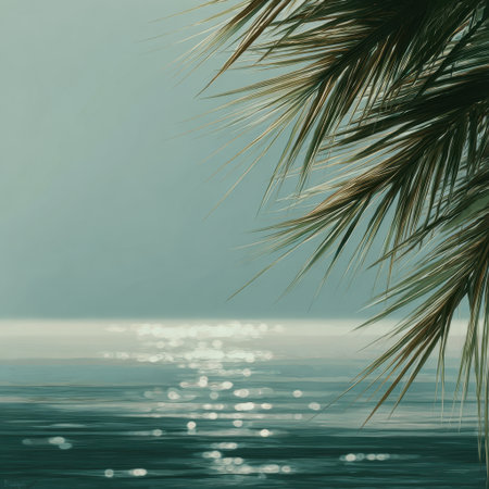 A serene seascape featuring palm fronds against a gentle ocean backdrop, highlighting the peaceful ambiance and natural beauty of coastal environments. Perfect for relaxation themes.の素材