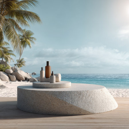 A tranquil beachside scene featuring a natural stone table with glass bottles, surrounded by lush palm trees and a serene ocean view, creating a perfect getaway oasis.の素材