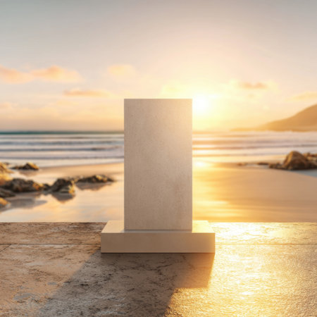 Capture a moment of tranquility as a minimalist sculpture stands on a beach, illuminated by the warm colors of a stunning sunrise over calm ocean waves.の素材