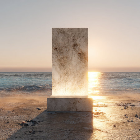 A tranquil scene depicting a minimalist monument against a stunning sunset backdrop, with soft golden light reflecting upon the calm ocean waters, creating a peaceful atmosphere.の素材