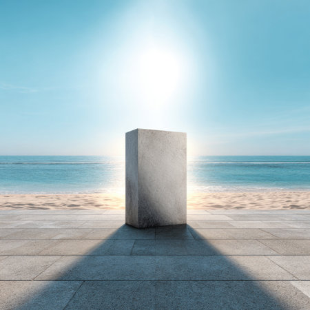 A stunning seascape featuring a solitary stone structure illuminated by bright sunlight, set against a backdrop of crystal clear ocean waters and a serene beach.の素材