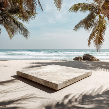 Discover a serene beach scene featuring a minimal stone platform amid lush palm trees, gentle ocean waves, and a clear blue sky, perfect for relaxation and escape.の素材