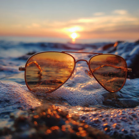 A pair of stylish sunglasses lies on a tranquil beach, capturing the warm glow of the sunset reflecting off gentle waves, evoking a sense of relaxation and summer enjoyment.の素材