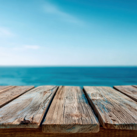 A beautiful seascape featuring weathered wooden planks in the foreground set against a vast blue ocean and clear sky, evoking feelings of peace and tranquility.の素材