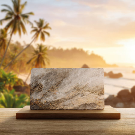 A stunning piece of marble art shines on a wooden table, framed by palm trees and a breathtaking ocean view at sunset, perfect for serene and luxurious settings.の素材