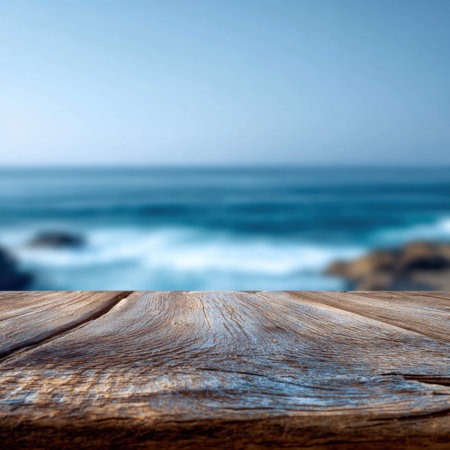 A beautiful view of the ocean waves gently crashing onto the shore, with a rustic wooden surface in the foreground, evoking calmness and a sense of escape.の素材