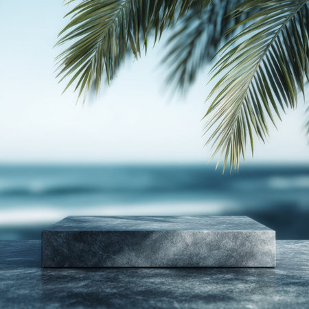 Discover a tranquil coastal scene featuring a stylish stone platform framed by vibrant palm fronds against the gentle backdrop of serene ocean waves and clear skies.の素材