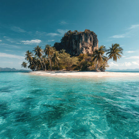 A breathtaking tropical island scene showcasing clear waters, vibrant palm trees, and impressive rock formations. A perfect getaway for relaxation and adventure seekers.の素材