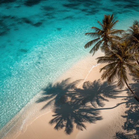 A breathtaking aerial view of a tropical beach featuring soft sand and striking turquoise waters, with shadows cast by a lush palm tree, embodying vacation bliss.の素材