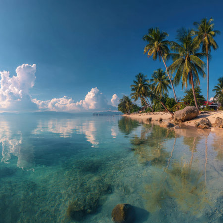 Experience the beauty of a tranquil beach with clear waters, vibrant palm trees, and soft clouds, perfect for relaxation and tropical escape. Enjoy the serenity of nature.の素材