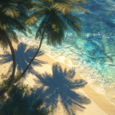 Discover the serene beauty of a tropical beach scene with palm trees casting shadows on soft sand, perfect for a peaceful getaway by the sparkling ocean waves.の素材