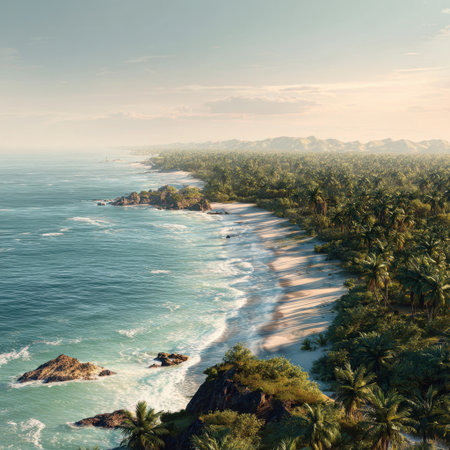A peaceful tropical beach scene featuring golden sand, gentle waves, and lush palm trees under a clear blue sky, perfect for showcasing the beauty of nature and relaxation.の素材