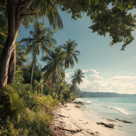 A breathtaking view of a tropical beach featuring palm trees and calm waters under a clear sky, perfect for evoking feelings of relaxation and summer escape.の素材