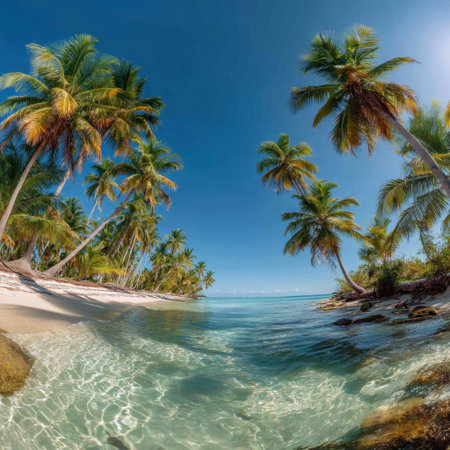A stunning tropical beach scene showcasing clear water lapping at the shore, lined with lush palm trees under a vibrant blue sky, perfect for travel and relaxation.の素材
