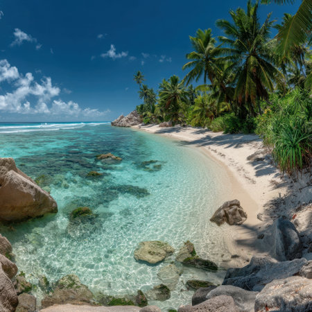 A breathtaking view of a secluded tropical beach featuring clear blue water, soft sand, and lush vegetation, perfect for relaxation and nature lovers.の素材