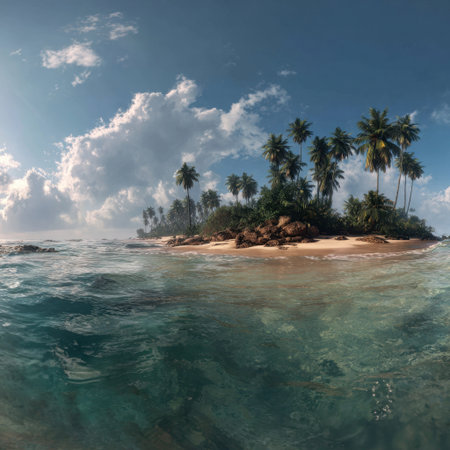 Experience the beauty of a remote tropical paradise, featuring palm trees, gentle waves, and a vibrant sky. Ideal for travel enthusiasts and nature lovers alike.の素材