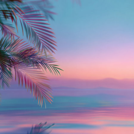 A breathtaking tropical sunset scene featuring delicate palm leaves and soft pastel hues, creating a tranquil and serene atmosphere perfect for relaxation and escape.の素材