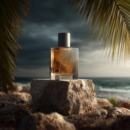 A stunning glass perfume bottle sits atop a rugged stone, framed by ocean waves and vibrant palm leaves, creating a perfect blend of beauty and nature in this tranquil scene.の素材