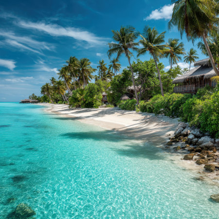 Explore a stunning tropical beach scene with crystal clear waters, lush palm trees, and a serene atmosphere, ideal for vacations and relaxation under the bright blue sky.の素材
