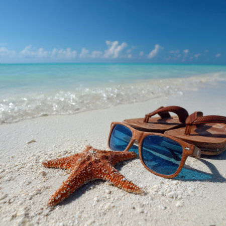 A stunning beach scene featuring a starfish and sunglasses on soft sand, with gentle waves lapping at the shore under a clear blue sky. Perfect for summer vibes.の素材