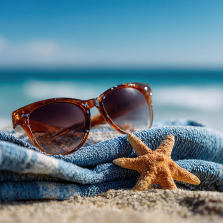 A pair of stylish sunglasses lay casually on a soft beach towel beside a starfish, evoking the essence of summer and carefree beach days by the ocean.の素材