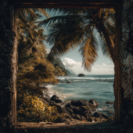 A stunning view of a coastal paradise framed by a rustic window, highlighting palm trees, clear waters, and rocky formations under a bright sky, perfect for travel enthusiasts.の素材