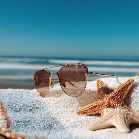 A pair of stylish sunglasses and a starfish are positioned on a colorful beach towel, capturing the essence of summer on the shore with a stunning ocean backdrop.の素材