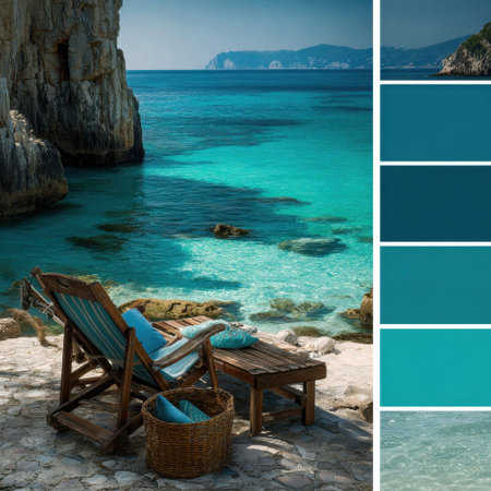 A stunning coastal view captures the essence of tranquility with crystal-clear waters and vibrant rocks, inviting relaxation on a sunny beachside retreat.の素材