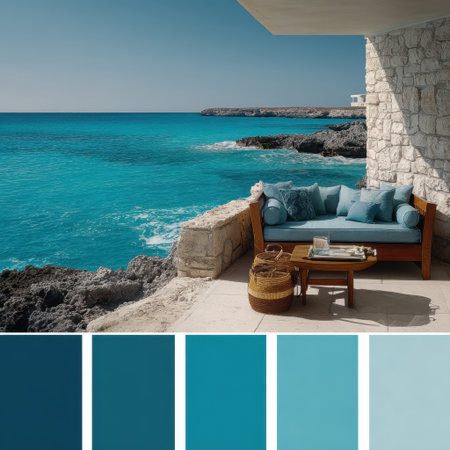 A beautiful coastal scene showcasing a serene lounging area overlooking clear blue waters, ideal for vacation vibes and relaxation in a tropical paradise.の素材