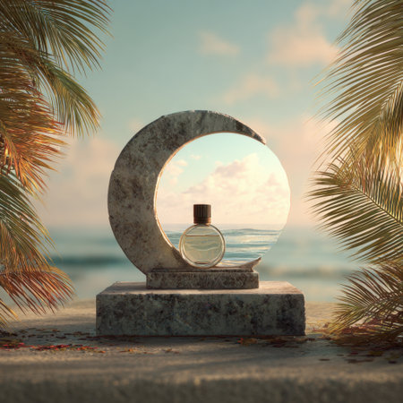 A beautiful glass perfume bottle is elegantly placed in a moon-shaped frame surrounded by palm leaves, capturing the serenity of a coastal sunrise scene.の素材