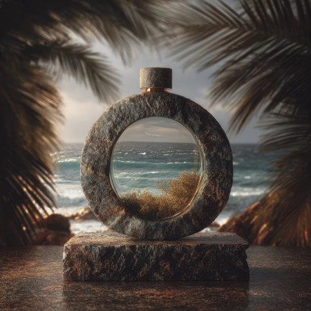 A unique stone frame offers a breathtaking view of the ocean, with palm trees nearby and waves crashing against the shore, creating a serene coastal scene.の素材